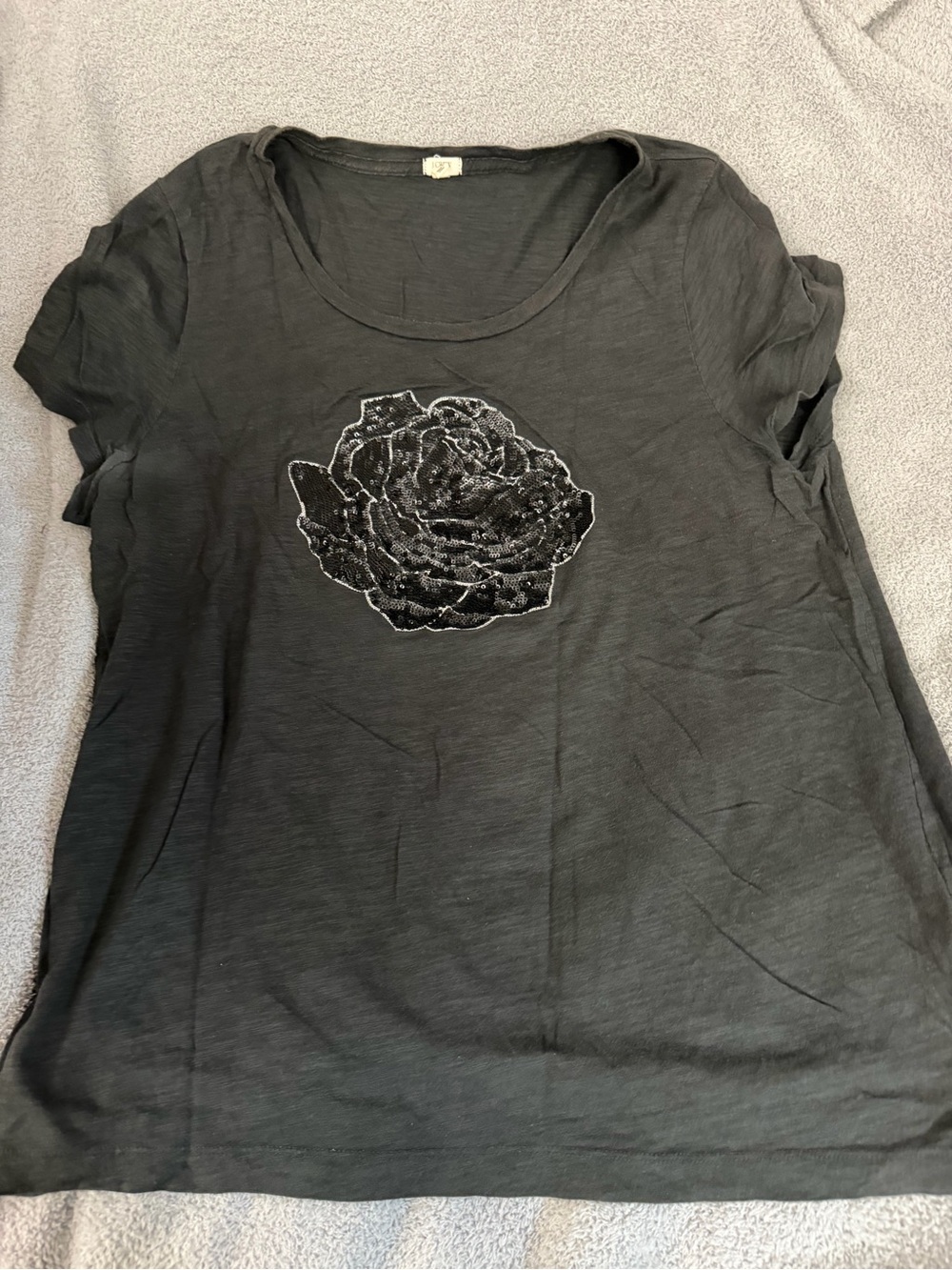 J. Crew Black Short-Sleeve Tee with Rose Appliqué size L